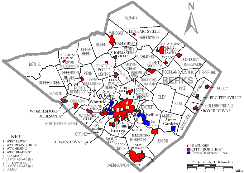 Map of Berks County, Pennsylvania and its municipalities